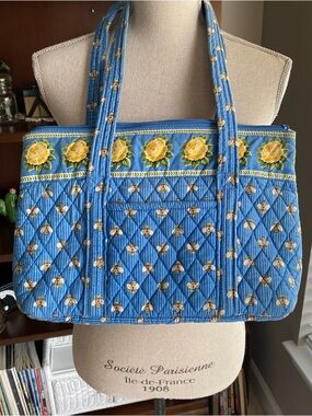 Vintage Vera Bradley Light Blue Quilted Floral Tote Bag Yellow Rose & Honey Bees